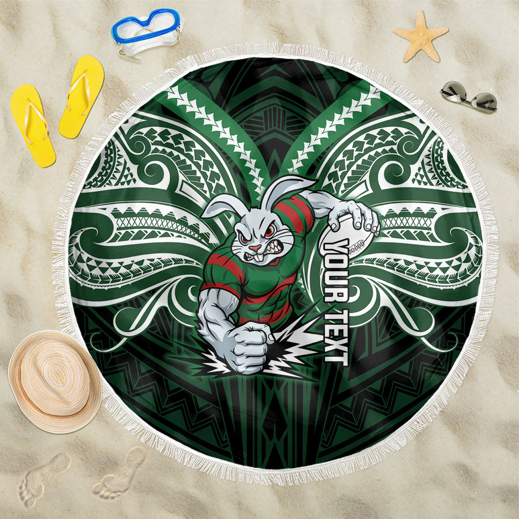 Custom South Sydney Rabbitohs Rugby Beach Blanket Rabbit Warrior Polynesia Islander Rugby Mascot
