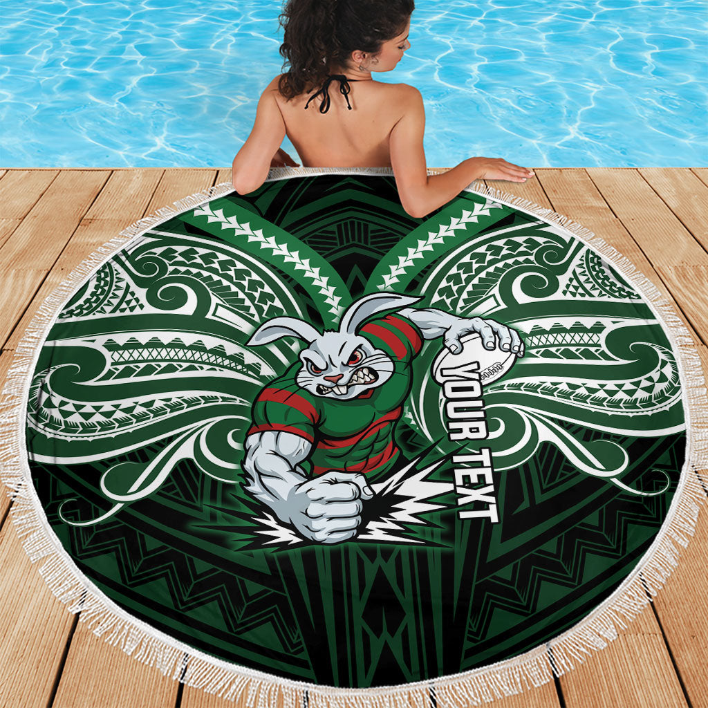 Custom South Sydney Rabbitohs Rugby Beach Blanket Rabbit Warrior Polynesia Islander Rugby Mascot