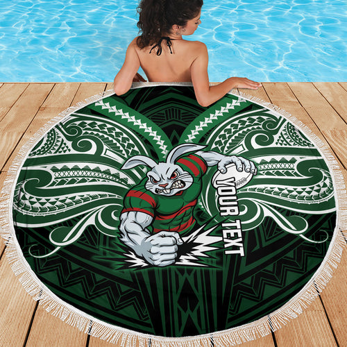 Custom South Sydney Rabbitohs Rugby Beach Blanket Rabbit Warrior Polynesia Islander Rugby Mascot