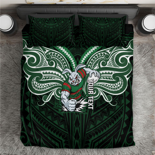 Custom South Sydney Rabbitohs Rugby Bedding Set Rabbit Warrior Polynesia Islander Rugby Mascot