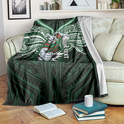 Custom South Sydney Rabbitohs Rugby Blanket Rabbit Warrior Polynesia Islander Rugby Mascot