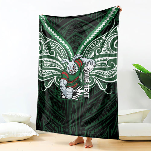 Custom South Sydney Rabbitohs Rugby Blanket Rabbit Warrior Polynesia Islander Rugby Mascot