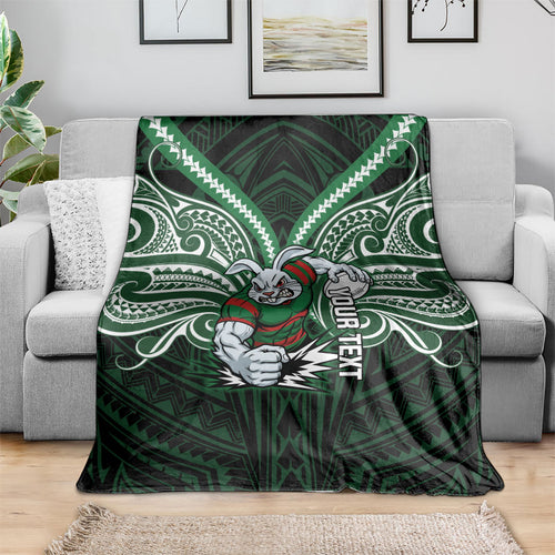 Custom South Sydney Rabbitohs Rugby Blanket Rabbit Warrior Polynesia Islander Rugby Mascot