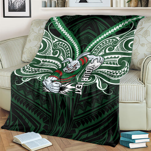Custom South Sydney Rabbitohs Rugby Blanket Rabbit Warrior Polynesia Islander Rugby Mascot