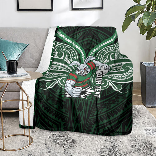 Custom South Sydney Rabbitohs Rugby Blanket Rabbit Warrior Polynesia Islander Rugby Mascot