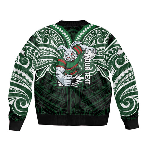 Custom South Sydney Rabbitohs Rugby Bomber Jacket Rabbit Warrior Polynesia Islander Rugby Mascot