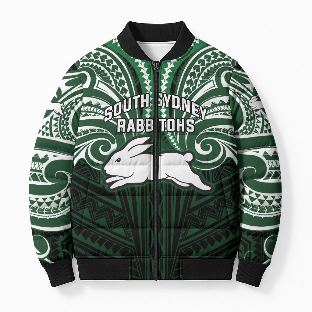 Custom South Sydney Rabbitohs Rugby Bomber Puffer Jacket Rabbit Warrior Polynesia Islander Rugby Mascot
