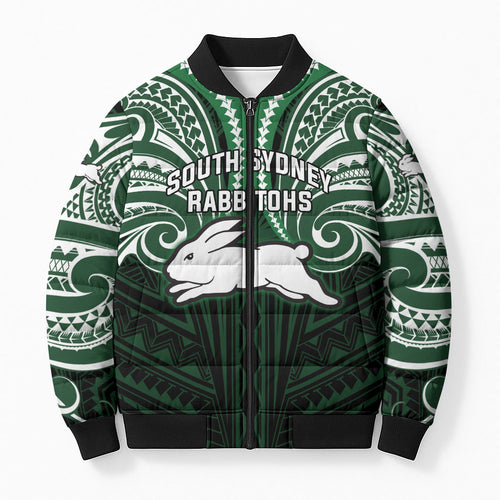 Custom South Sydney Rabbitohs Rugby Bomber Puffer Jacket Rabbit Warrior Polynesia Islander Rugby Mascot