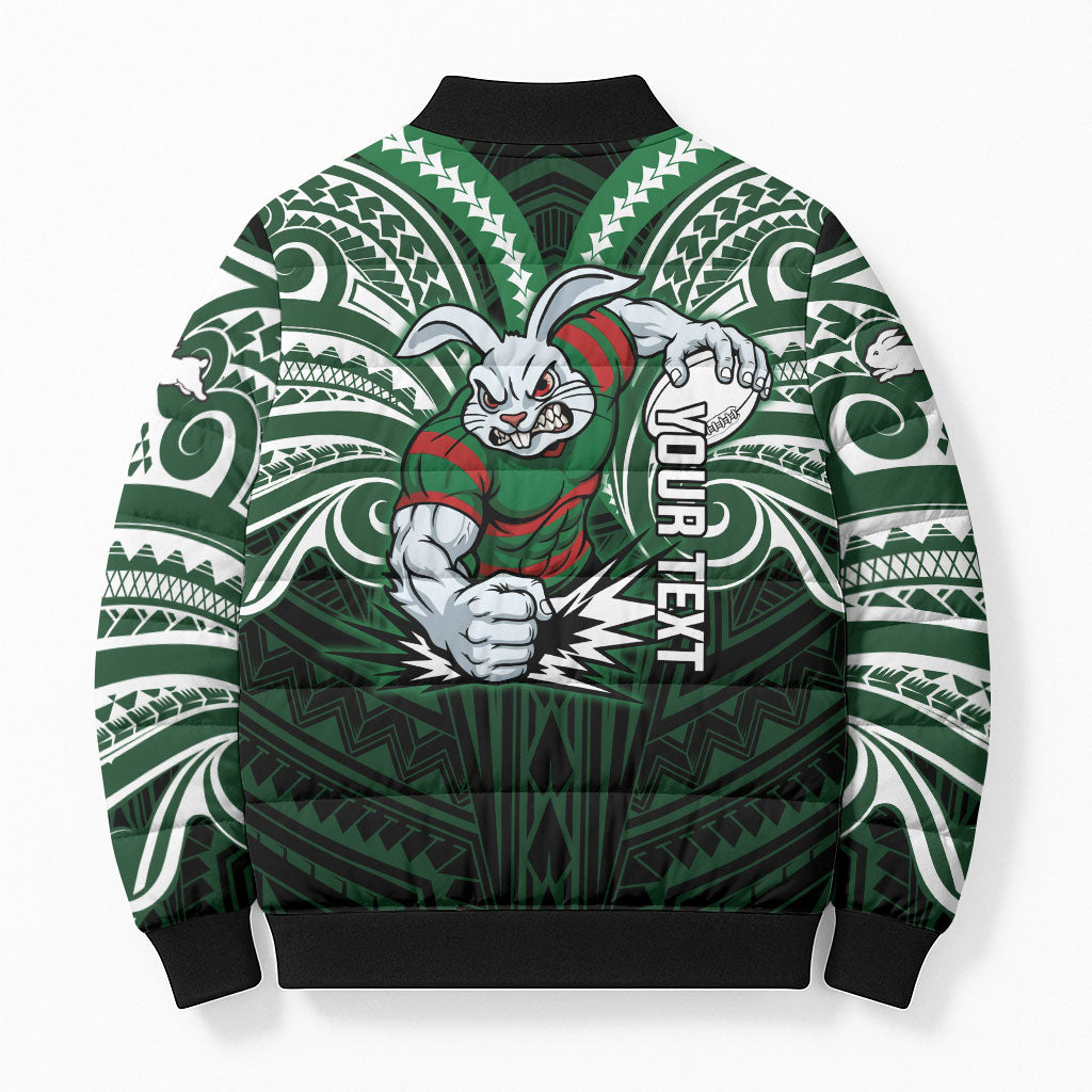Custom South Sydney Rabbitohs Rugby Bomber Puffer Jacket Rabbit Warrior Polynesia Islander Rugby Mascot