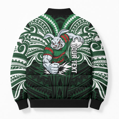 Custom South Sydney Rabbitohs Rugby Bomber Puffer Jacket Rabbit Warrior Polynesia Islander Rugby Mascot