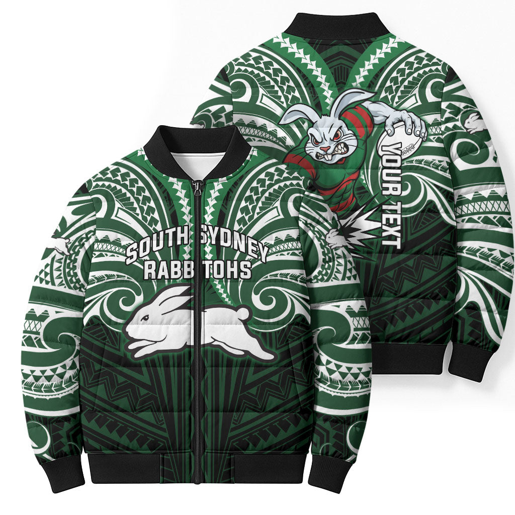 Custom South Sydney Rabbitohs Rugby Bomber Puffer Jacket Rabbit Warrior Polynesia Islander Rugby Mascot