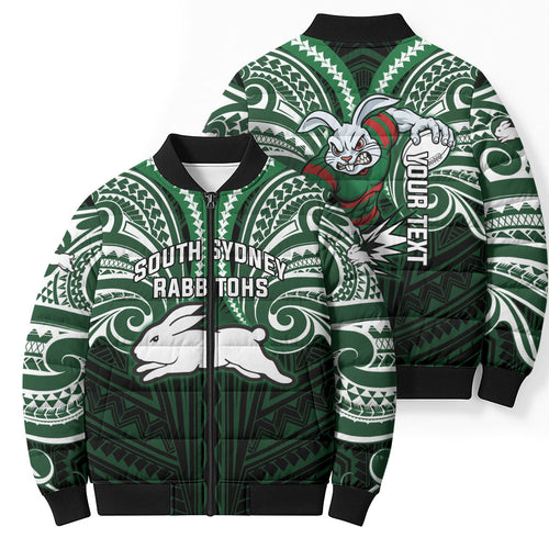 Custom South Sydney Rabbitohs Rugby Bomber Puffer Jacket Rabbit Warrior Polynesia Islander Rugby Mascot