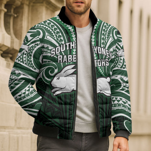 Custom South Sydney Rabbitohs Rugby Bomber Puffer Jacket Rabbit Warrior Polynesia Islander Rugby Mascot
