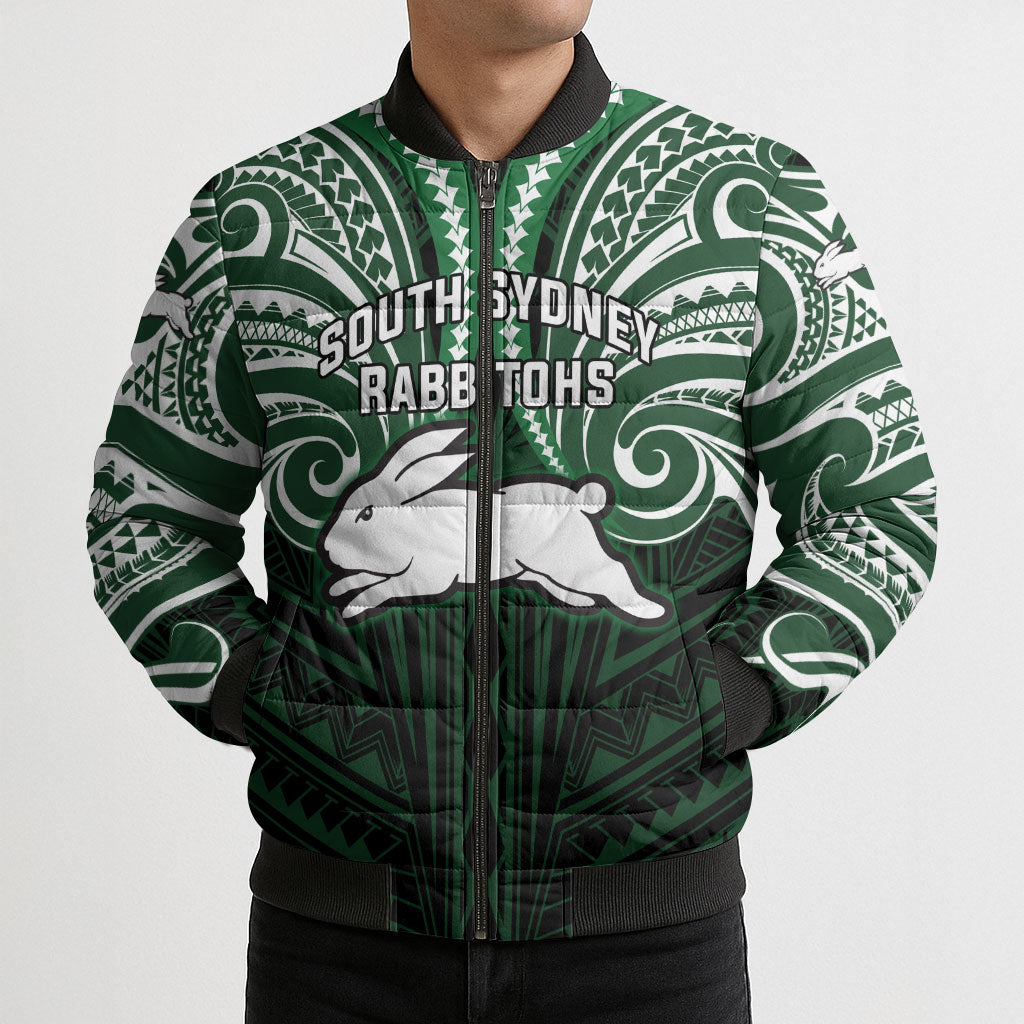 Custom South Sydney Rabbitohs Rugby Bomber Puffer Jacket Rabbit Warrior Polynesia Islander Rugby Mascot
