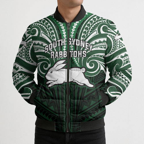 Custom South Sydney Rabbitohs Rugby Bomber Puffer Jacket Rabbit Warrior Polynesia Islander Rugby Mascot