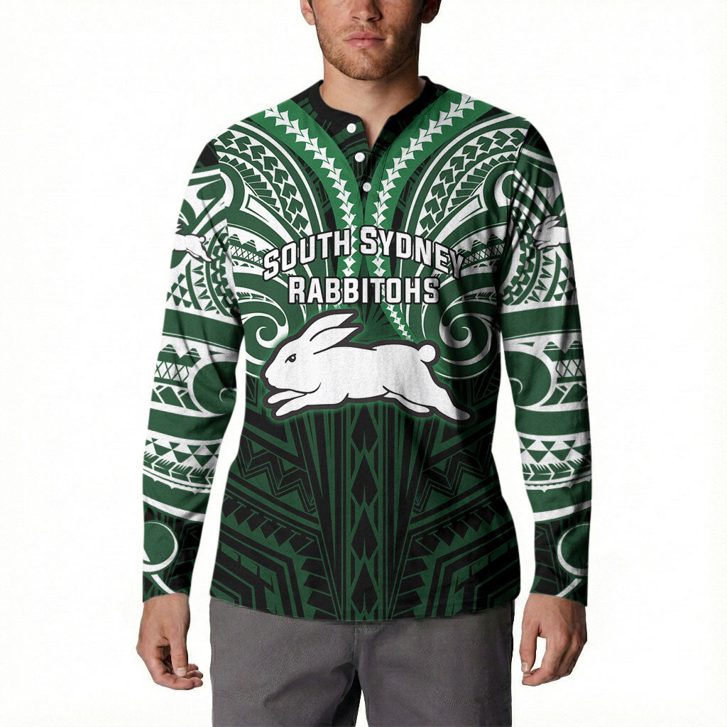 Custom South Sydney Rabbitohs Rugby Button Sweatshirt Rabbit Warrior Polynesia Islander Rugby Mascot