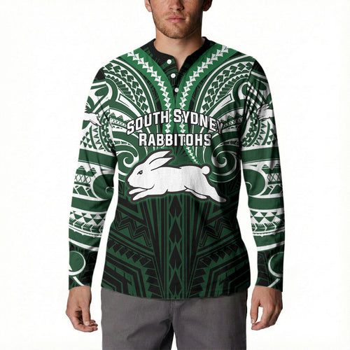 Custom South Sydney Rabbitohs Rugby Button Sweatshirt Rabbit Warrior Polynesia Islander Rugby Mascot