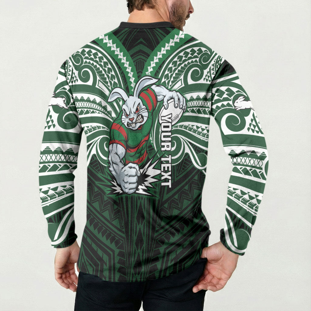 Custom South Sydney Rabbitohs Rugby Button Sweatshirt Rabbit Warrior Polynesia Islander Rugby Mascot
