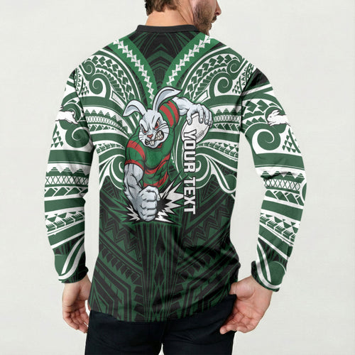 Custom South Sydney Rabbitohs Rugby Button Sweatshirt Rabbit Warrior Polynesia Islander Rugby Mascot