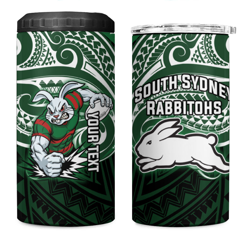 Custom South Sydney Rabbitohs Rugby 4 in 1 Can Cooler Tumbler Rabbit Warrior Polynesia Islander Rugby Mascot