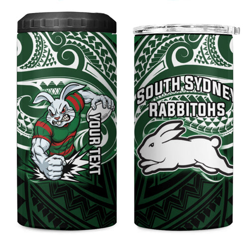 Custom South Sydney Rabbitohs Rugby 4 in 1 Can Cooler Tumbler Rabbit Warrior Polynesia Islander Rugby Mascot