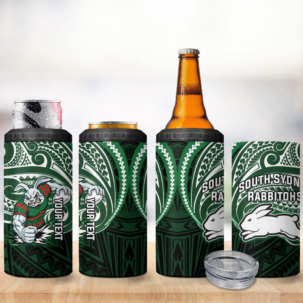 Custom South Sydney Rabbitohs Rugby 4 in 1 Can Cooler Tumbler Rabbit Warrior Polynesia Islander Rugby Mascot