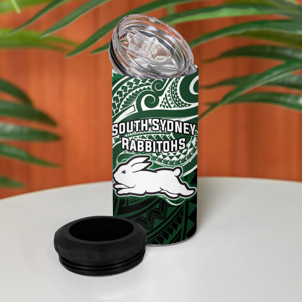 Custom South Sydney Rabbitohs Rugby 4 in 1 Can Cooler Tumbler Rabbit Warrior Polynesia Islander Rugby Mascot