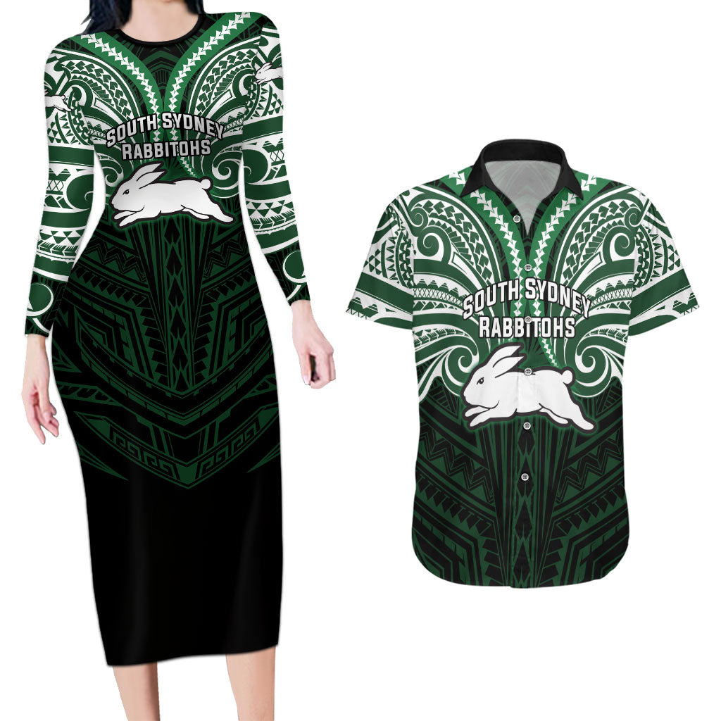 Custom South Sydney Rabbitohs Rugby Couples Matching Long Sleeve Bodycon Dress and Hawaiian Shirt Rabbit Warrior Polynesia Islander Rugby Mascot