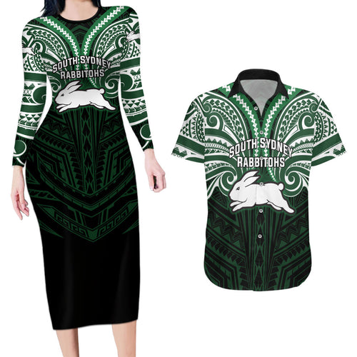 Custom South Sydney Rabbitohs Rugby Couples Matching Long Sleeve Bodycon Dress and Hawaiian Shirt Rabbit Warrior Polynesia Islander Rugby Mascot