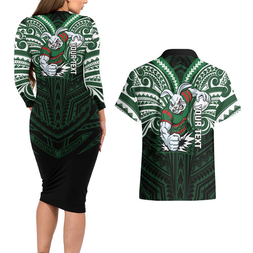 Custom South Sydney Rabbitohs Rugby Couples Matching Long Sleeve Bodycon Dress and Hawaiian Shirt Rabbit Warrior Polynesia Islander Rugby Mascot