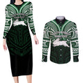 Custom South Sydney Rabbitohs Rugby Couples Matching Long Sleeve Bodycon Dress and Long Sleeve Button Shirt Rabbit Warrior Polynesia Islander Rugby Mascot