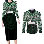 Custom South Sydney Rabbitohs Rugby Couples Matching Long Sleeve Bodycon Dress and Long Sleeve Button Shirt Rabbit Warrior Polynesia Islander Rugby Mascot