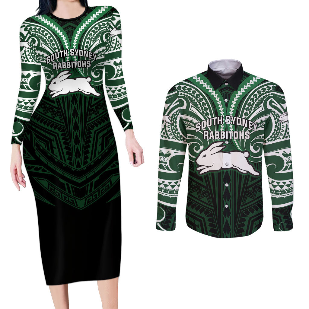 Custom South Sydney Rabbitohs Rugby Couples Matching Long Sleeve Bodycon Dress and Long Sleeve Button Shirt Rabbit Warrior Polynesia Islander Rugby Mascot