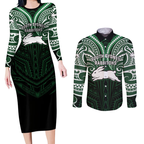 Custom South Sydney Rabbitohs Rugby Couples Matching Long Sleeve Bodycon Dress and Long Sleeve Button Shirt Rabbit Warrior Polynesia Islander Rugby Mascot