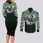 Custom South Sydney Rabbitohs Rugby Couples Matching Long Sleeve Bodycon Dress and Long Sleeve Button Shirt Rabbit Warrior Polynesia Islander Rugby Mascot