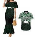 Custom South Sydney Rabbitohs Rugby Couples Matching Mermaid Dress and Hawaiian Shirt Rabbit Warrior Polynesia Islander Rugby Mascot