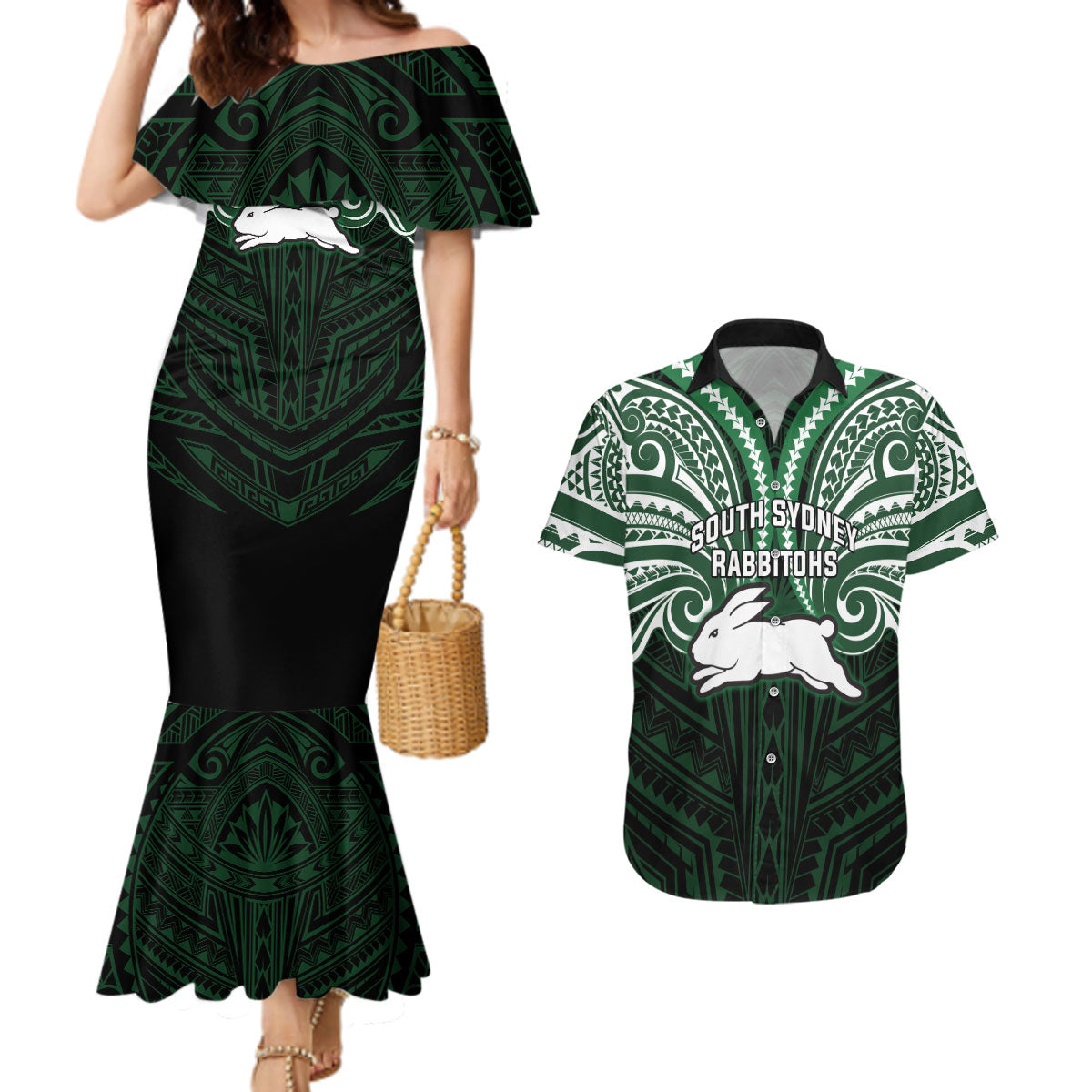 Custom South Sydney Rabbitohs Rugby Couples Matching Mermaid Dress and Hawaiian Shirt Rabbit Warrior Polynesia Islander Rugby Mascot