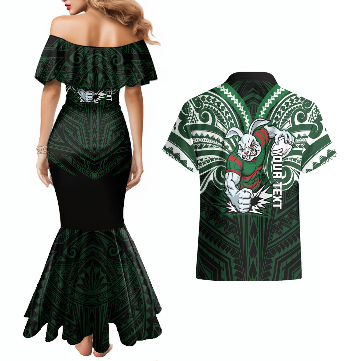 Custom South Sydney Rabbitohs Rugby Couples Matching Mermaid Dress and Hawaiian Shirt Rabbit Warrior Polynesia Islander Rugby Mascot