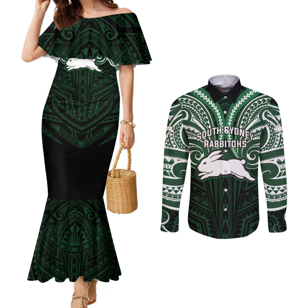 Custom South Sydney Rabbitohs Rugby Couples Matching Mermaid Dress and Long Sleeve Button Shirt Rabbit Warrior Polynesia Islander Rugby Mascot