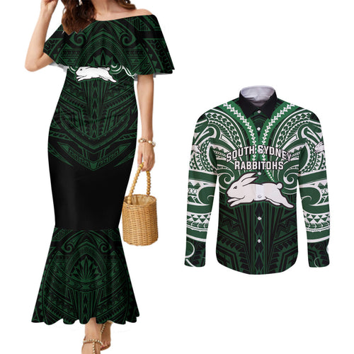 Custom South Sydney Rabbitohs Rugby Couples Matching Mermaid Dress and Long Sleeve Button Shirt Rabbit Warrior Polynesia Islander Rugby Mascot