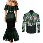 Custom South Sydney Rabbitohs Rugby Couples Matching Mermaid Dress and Long Sleeve Button Shirt Rabbit Warrior Polynesia Islander Rugby Mascot