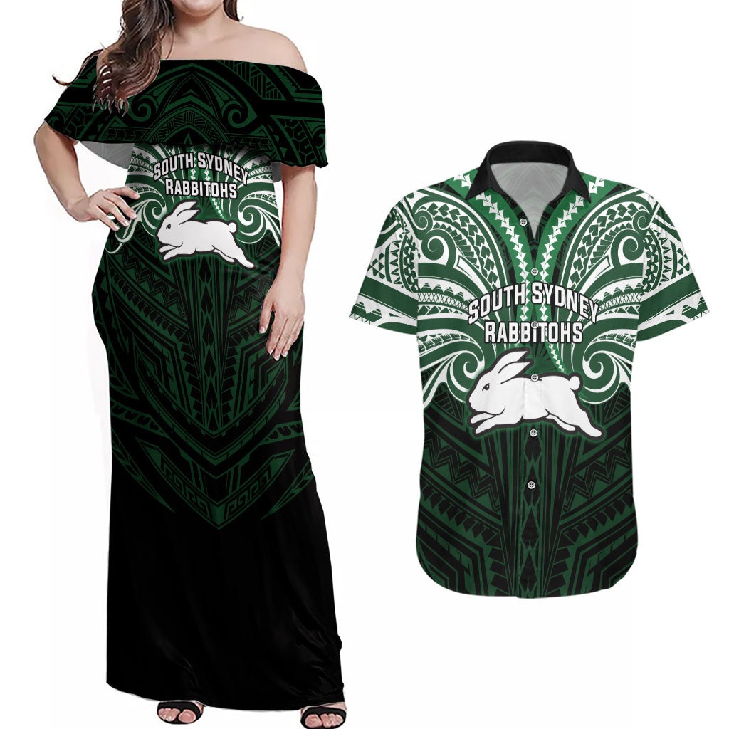 Custom South Sydney Rabbitohs Rugby Couples Matching Off Shoulder Maxi Dress and Hawaiian Shirt Rabbit Warrior Polynesia Islander Rugby Mascot