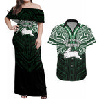 Custom South Sydney Rabbitohs Rugby Couples Matching Off Shoulder Maxi Dress and Hawaiian Shirt Rabbit Warrior Polynesia Islander Rugby Mascot
