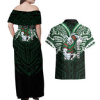 Custom South Sydney Rabbitohs Rugby Couples Matching Off Shoulder Maxi Dress and Hawaiian Shirt Rabbit Warrior Polynesia Islander Rugby Mascot
