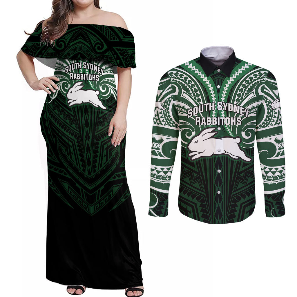 Custom South Sydney Rabbitohs Rugby Couples Matching Off Shoulder Maxi Dress and Long Sleeve Button Shirt Rabbit Warrior Polynesia Islander Rugby Mascot