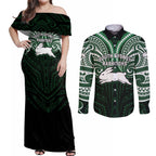Custom South Sydney Rabbitohs Rugby Couples Matching Off Shoulder Maxi Dress and Long Sleeve Button Shirt Rabbit Warrior Polynesia Islander Rugby Mascot