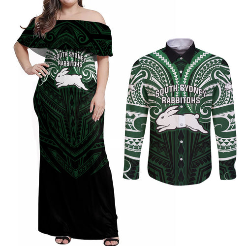 Custom South Sydney Rabbitohs Rugby Couples Matching Off Shoulder Maxi Dress and Long Sleeve Button Shirt Rabbit Warrior Polynesia Islander Rugby Mascot