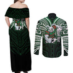 Custom South Sydney Rabbitohs Rugby Couples Matching Off Shoulder Maxi Dress and Long Sleeve Button Shirt Rabbit Warrior Polynesia Islander Rugby Mascot