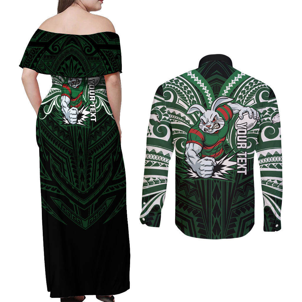 Custom South Sydney Rabbitohs Rugby Couples Matching Off Shoulder Maxi Dress and Long Sleeve Button Shirt Rabbit Warrior Polynesia Islander Rugby Mascot