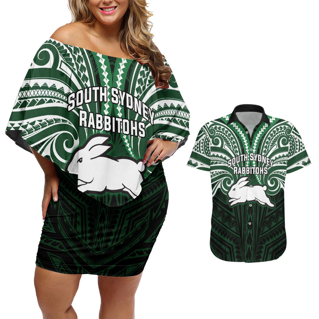 Custom South Sydney Rabbitohs Rugby Couples Matching Off Shoulder Short Dress and Hawaiian Shirt Rabbit Warrior Polynesia Islander Rugby Mascot
